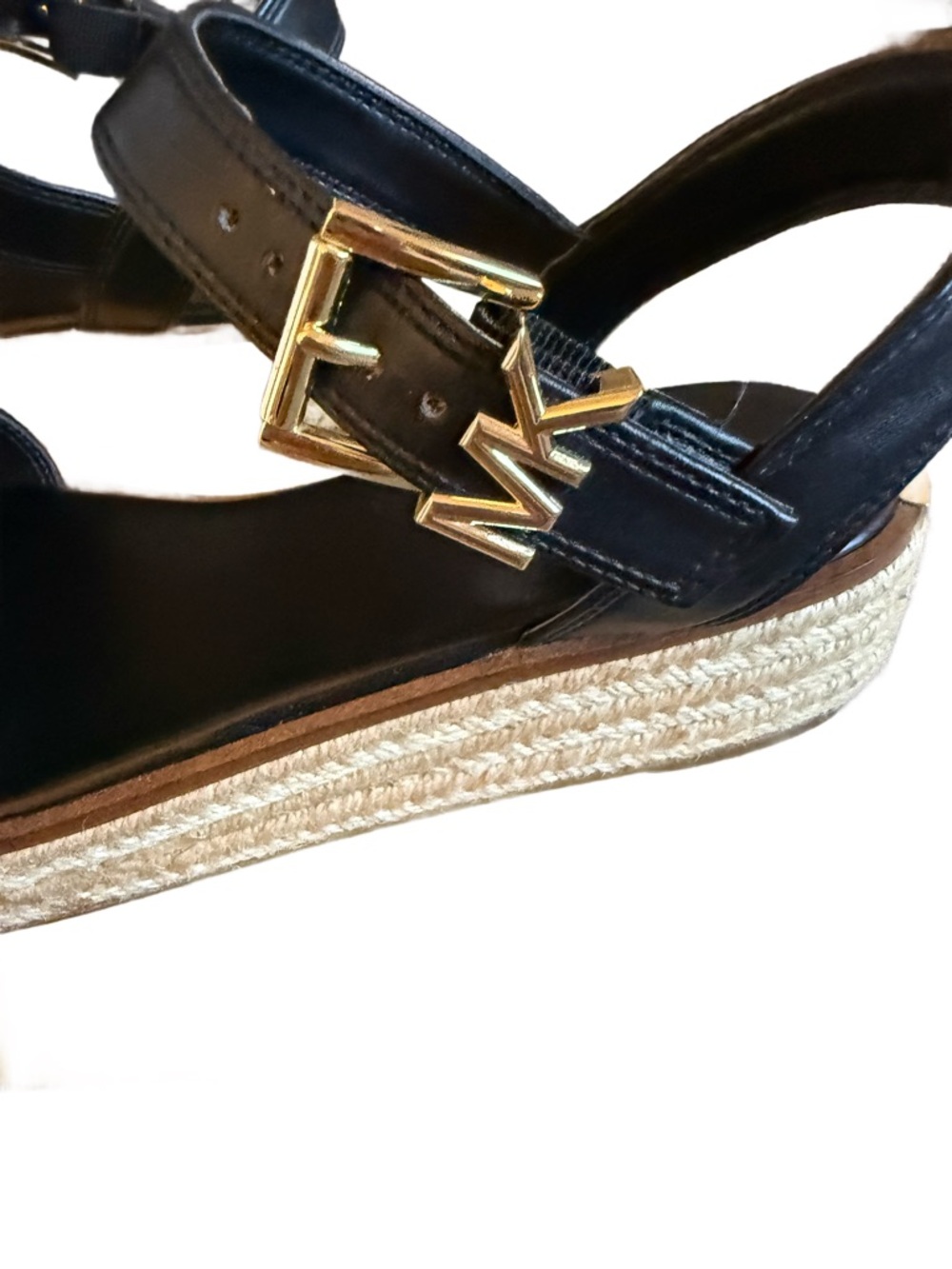 Michael Kors Black Leather Espadrille Wedge Sandals with Gold MK Buckle - Picture 3 of 6